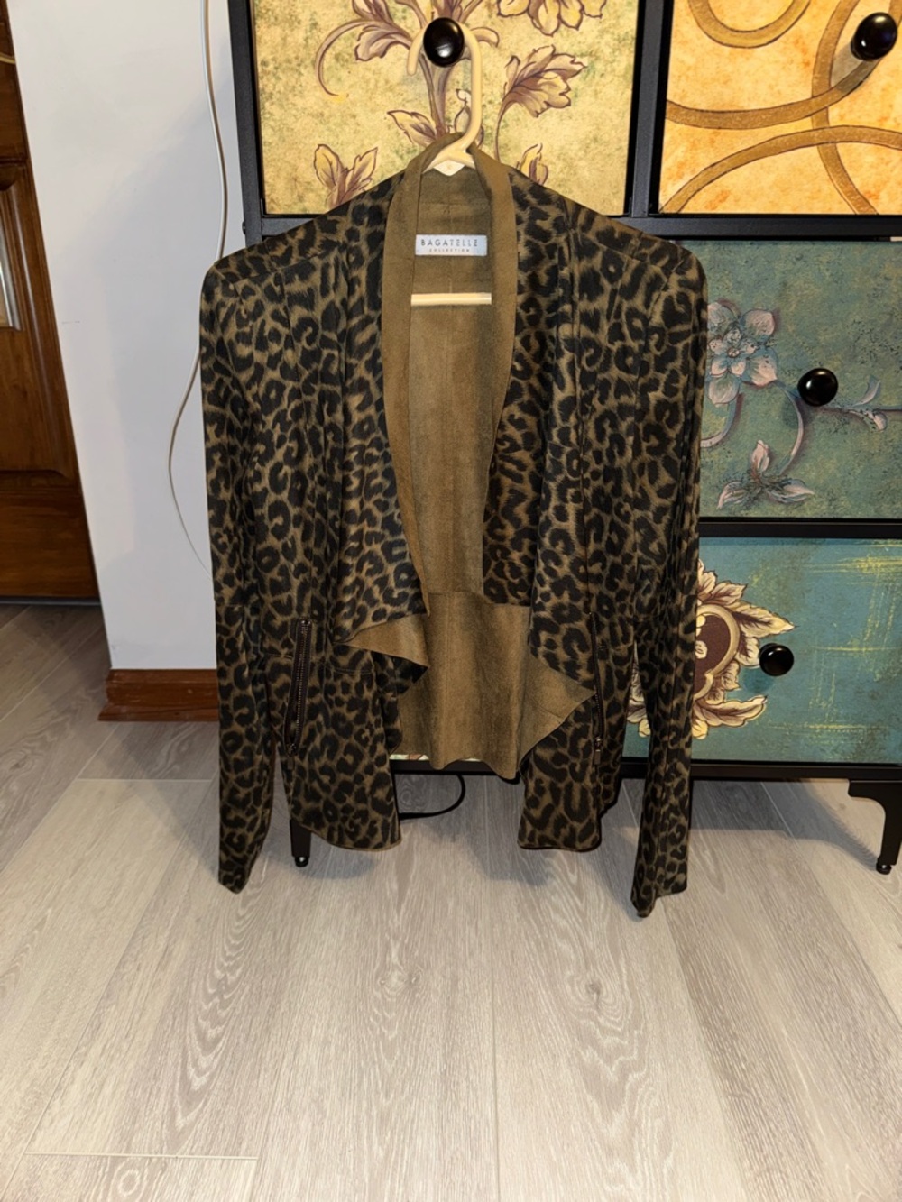 bagatelle Olive and Black Leopard Print Draped Open Cardigan